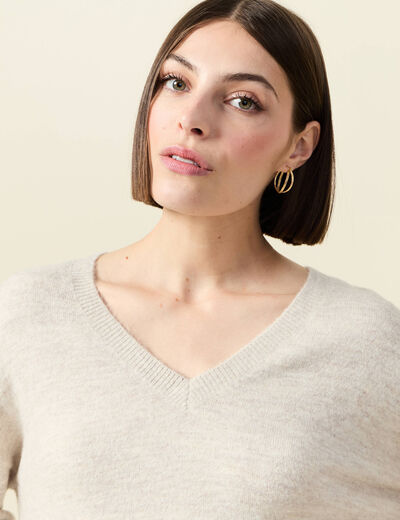 Pull manches longues col en V creme femme