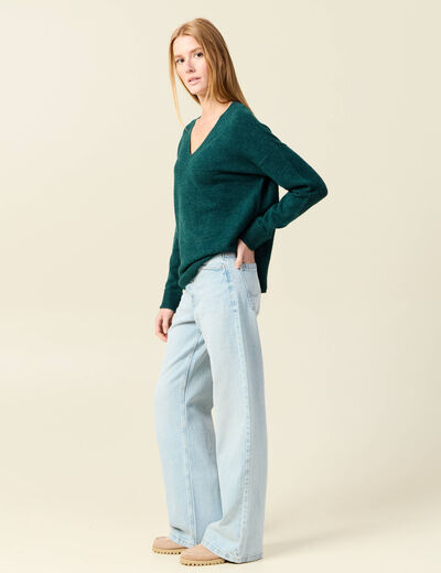 Pull manches longues col en V vert fonc&eacute; femme