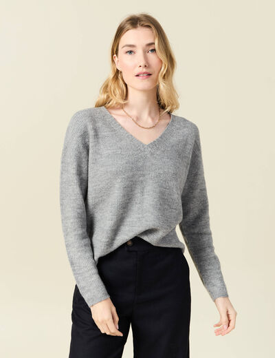 Pull manches longues col en V gris clair femme