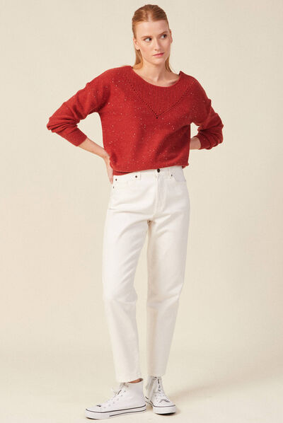 Pull manches longues sequins rouge foncé femme
