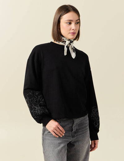 Sweat manches longues brodées noir femme