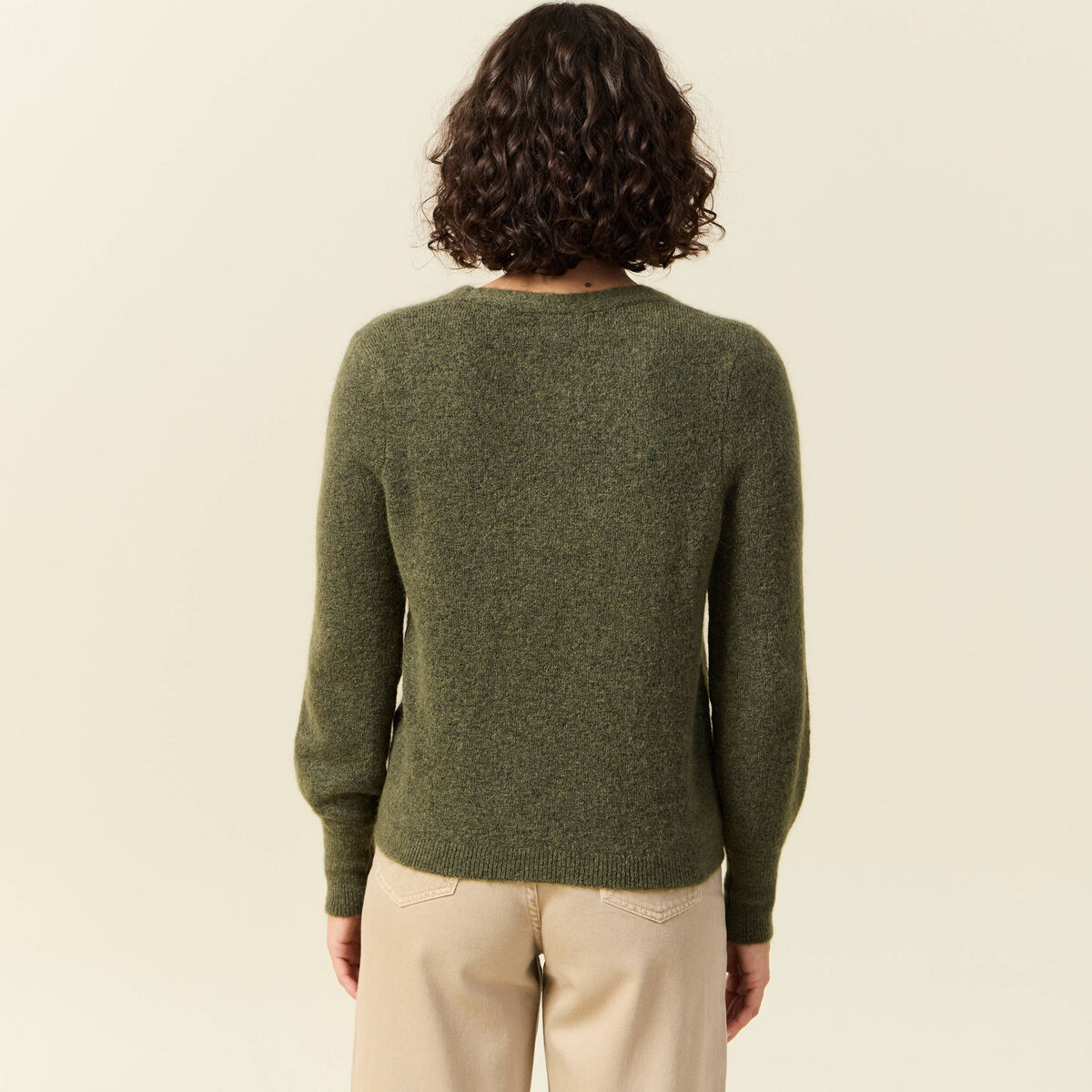 Pull col V manches longues vert kaki femme
