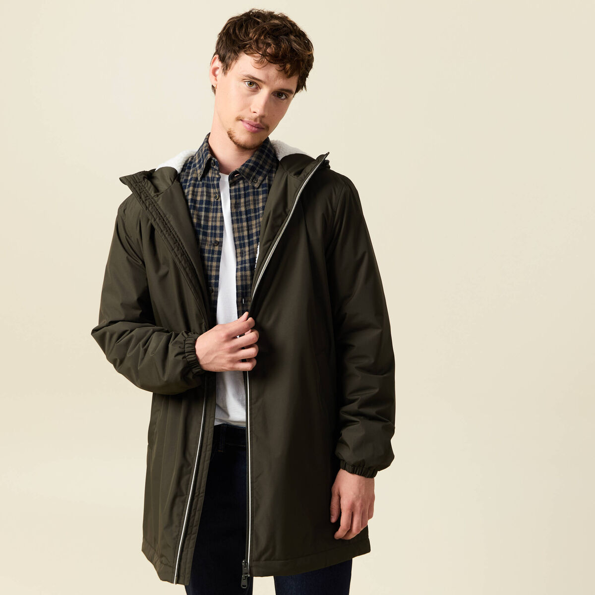 Parka longue droite &agrave; capuche vert kaki homme
