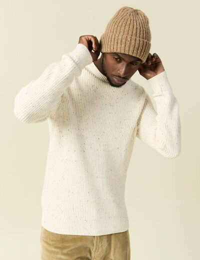 Pull col rond manches longues en coton ecru homme