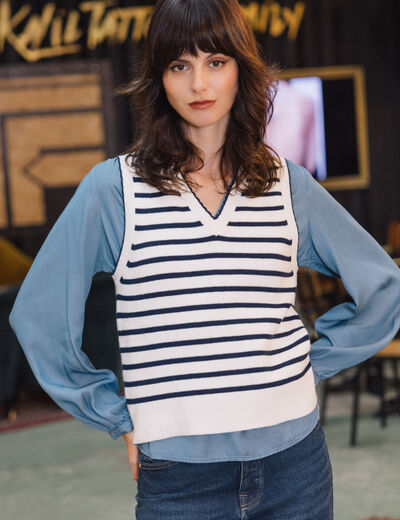 Pull sans manches col en V ecru femme