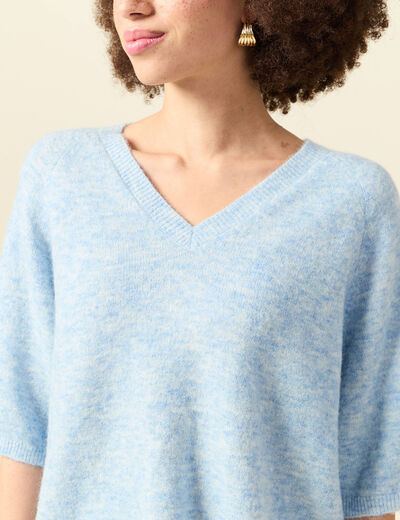 Pull col v manches 3/4 bleu ciel femme