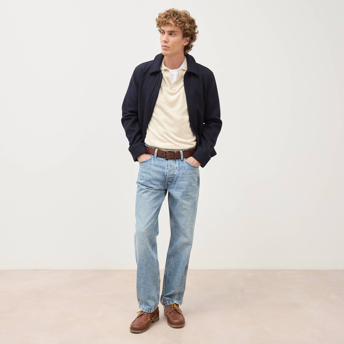 Polo manches courtes col cubain ecru homme