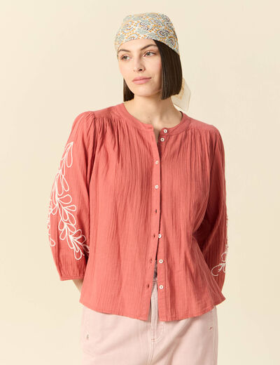 Chemise manches 3/4 brodée rose framboise femme