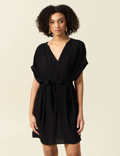 Robe droite fluide ceinturée noir femme
