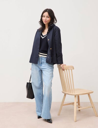 Trench droit court col montant bleu fonc&eacute; femme