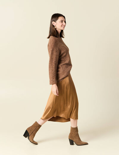 Jupe midi droite satin marron clair femme