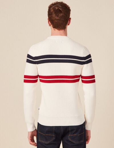 Pull fin ray&eacute; col rond manches longues ecru homme