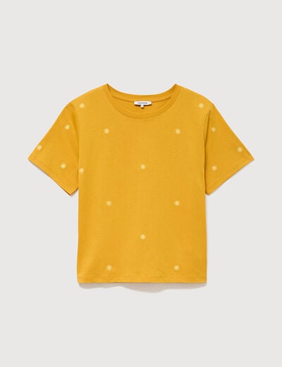 T-shirt droit col rond brod&eacute; en coton jaune or femme