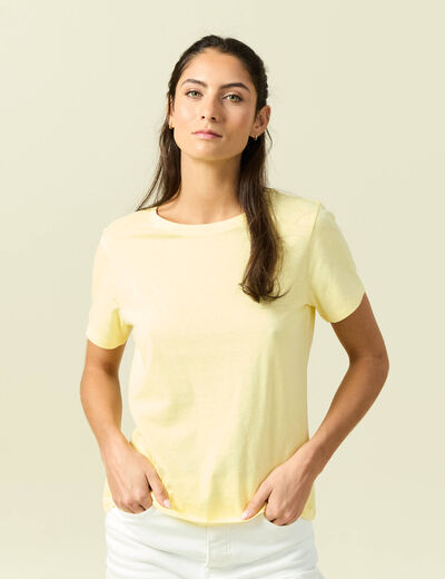 T-shirt cintr&eacute; col rond manches courtes jaune pastel femme