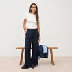 Pantalon large taille haute ceinture bleu fonc&eacute; femme
