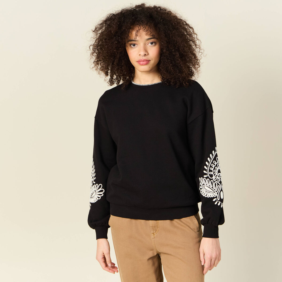 Sweat manches longues brodé noir femme