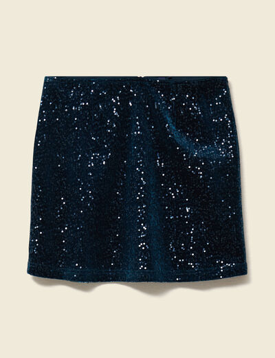 Jupe droite velours sequins bleu canard femme