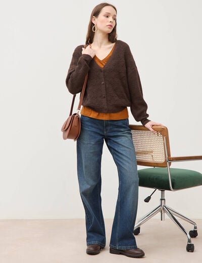 Gilet manches longues col v marron femme