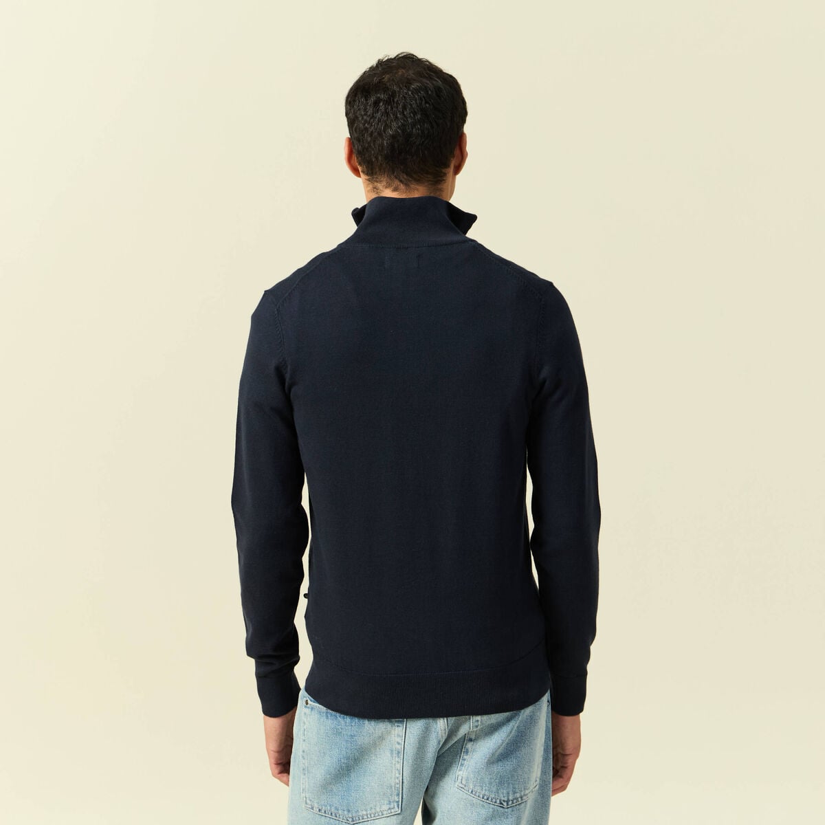 Pull fin col camionneur manches longues bleu marine homme