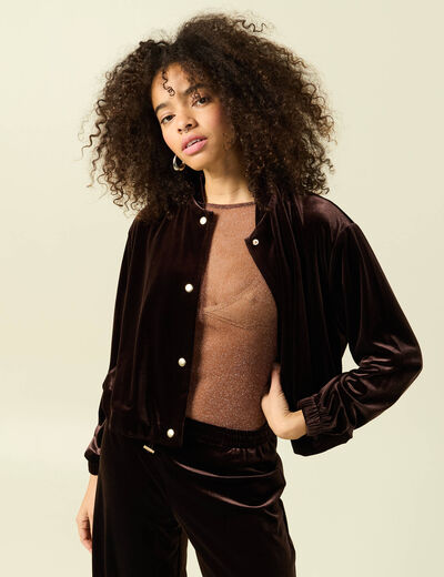 Gilet court droit en velours doubl&eacute; marron fonc&eacute; femme