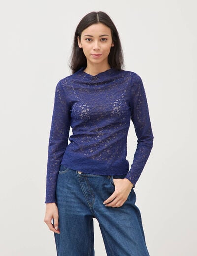 T-shirt ajust&eacute; dentelle manches longues bleu fonc&eacute; femme