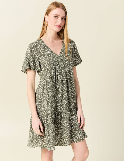 Robe évasée manches courtes vert kaki femme