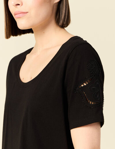 T-shirt manches courtes brodé noir femme