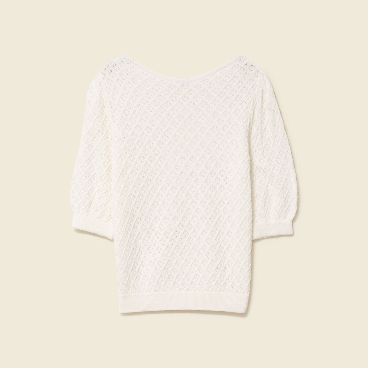 Pull ajouré col rond manches courtes ecru femme
