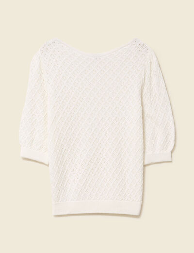Pull ajouré col rond manches courtes ecru femme