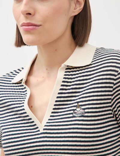 Polo ray&eacute; en coton manches courtes ecru femme