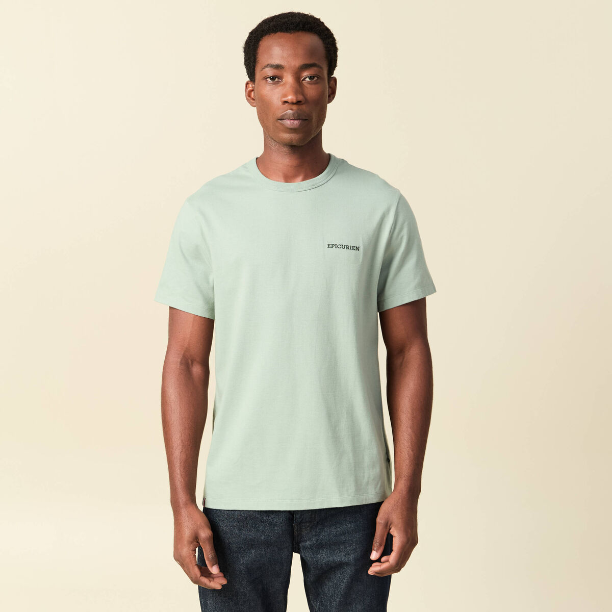 T-shirt col rond manches courtes brod&eacute; vert pastel homme