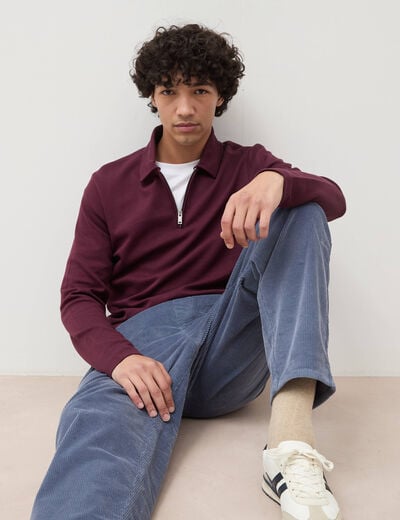 Polo droit manches longues prune homme