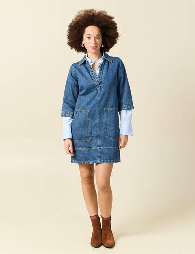 Robe droite courte en coton col v denim stone femme