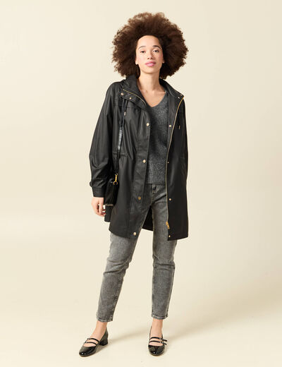Parka longue droite d&eacute;perlante &agrave; capuche noir femme