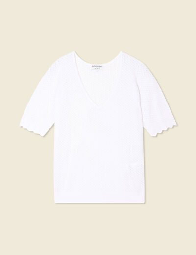 Pull manches courtes ajouré blanc femme