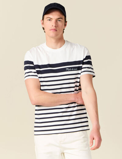 T-shirt ray&eacute; col rond manches courtes ecru homme