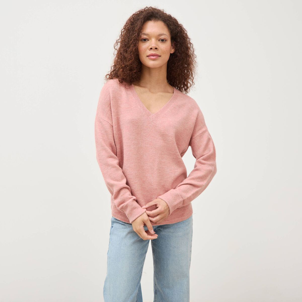 Pull manches longues col en V rose clair femme