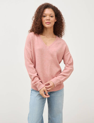 Pull manches longues col en V rose clair femme