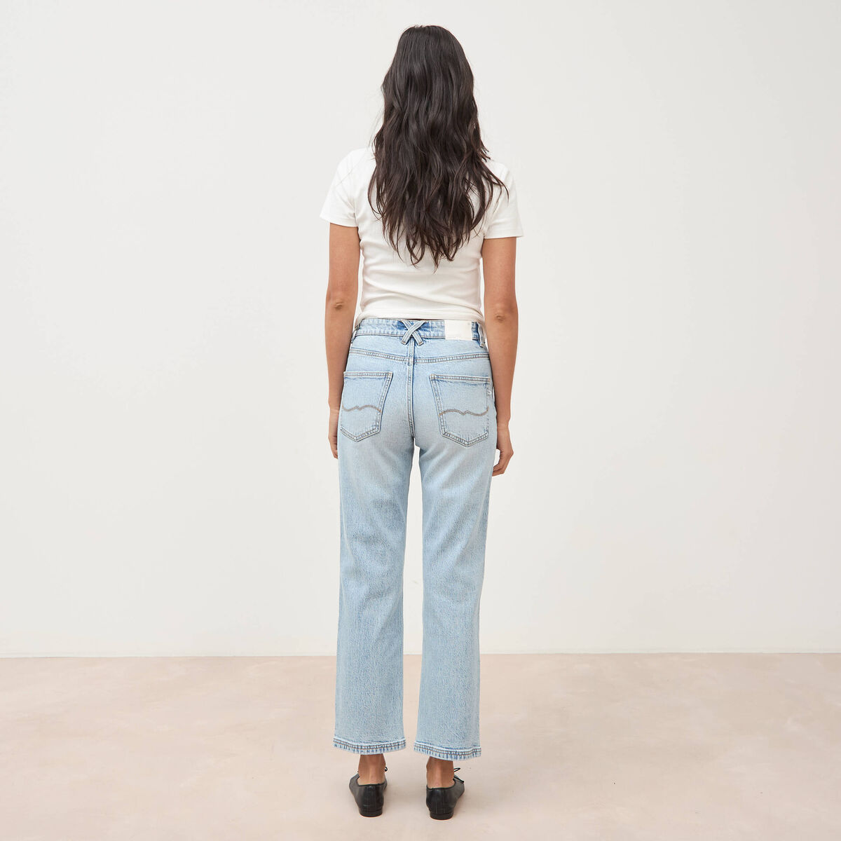 Jeans straight 7/8&egrave;me taille haute denim bleach femme