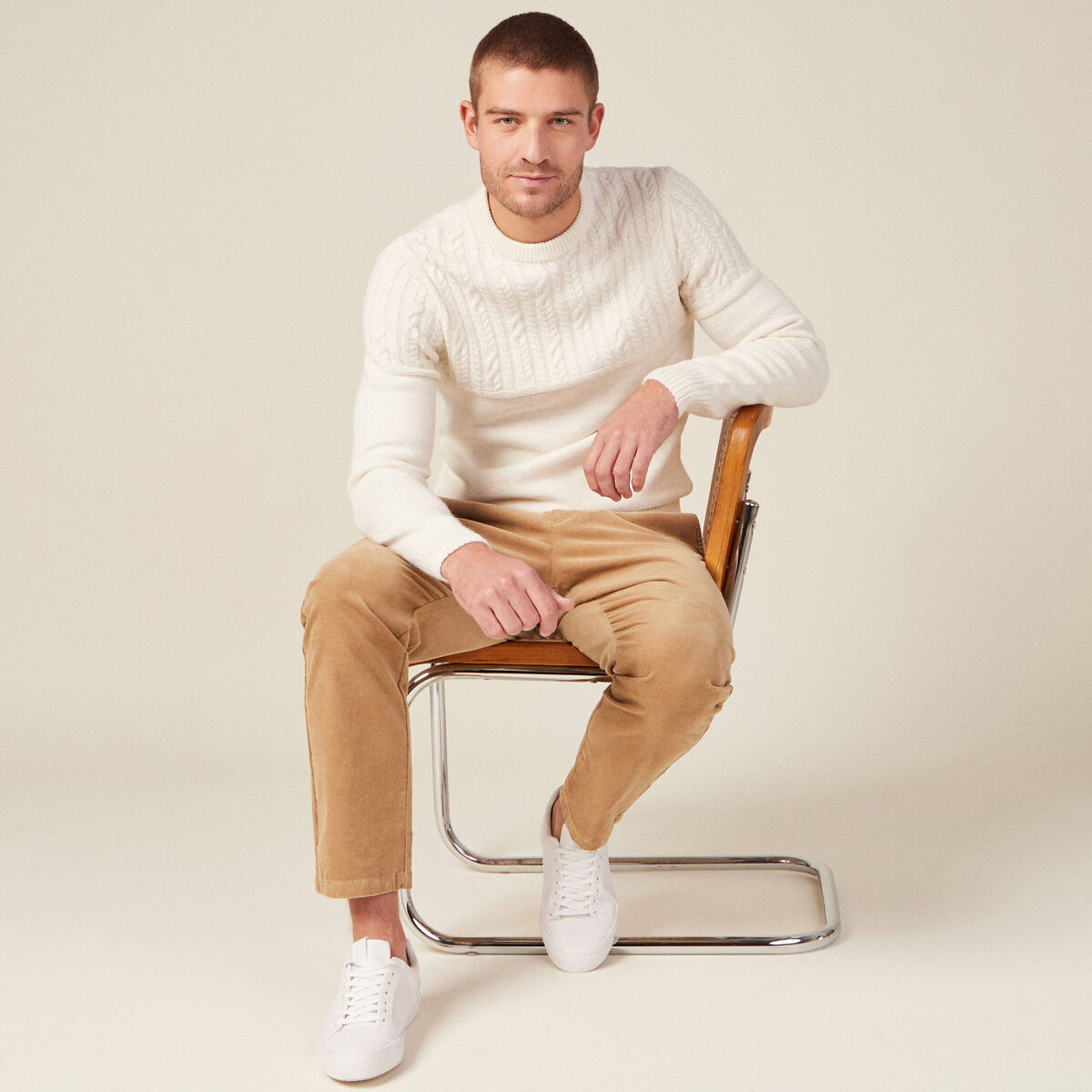 Pull manches longues torsades ecru homme