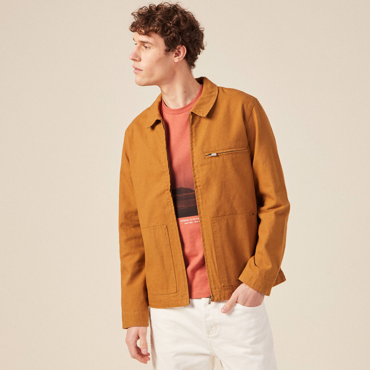 Blouson zippé droit camel homme