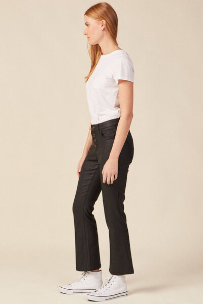 Jeans bootcut enduit 7/8ème denim noir enduit femme