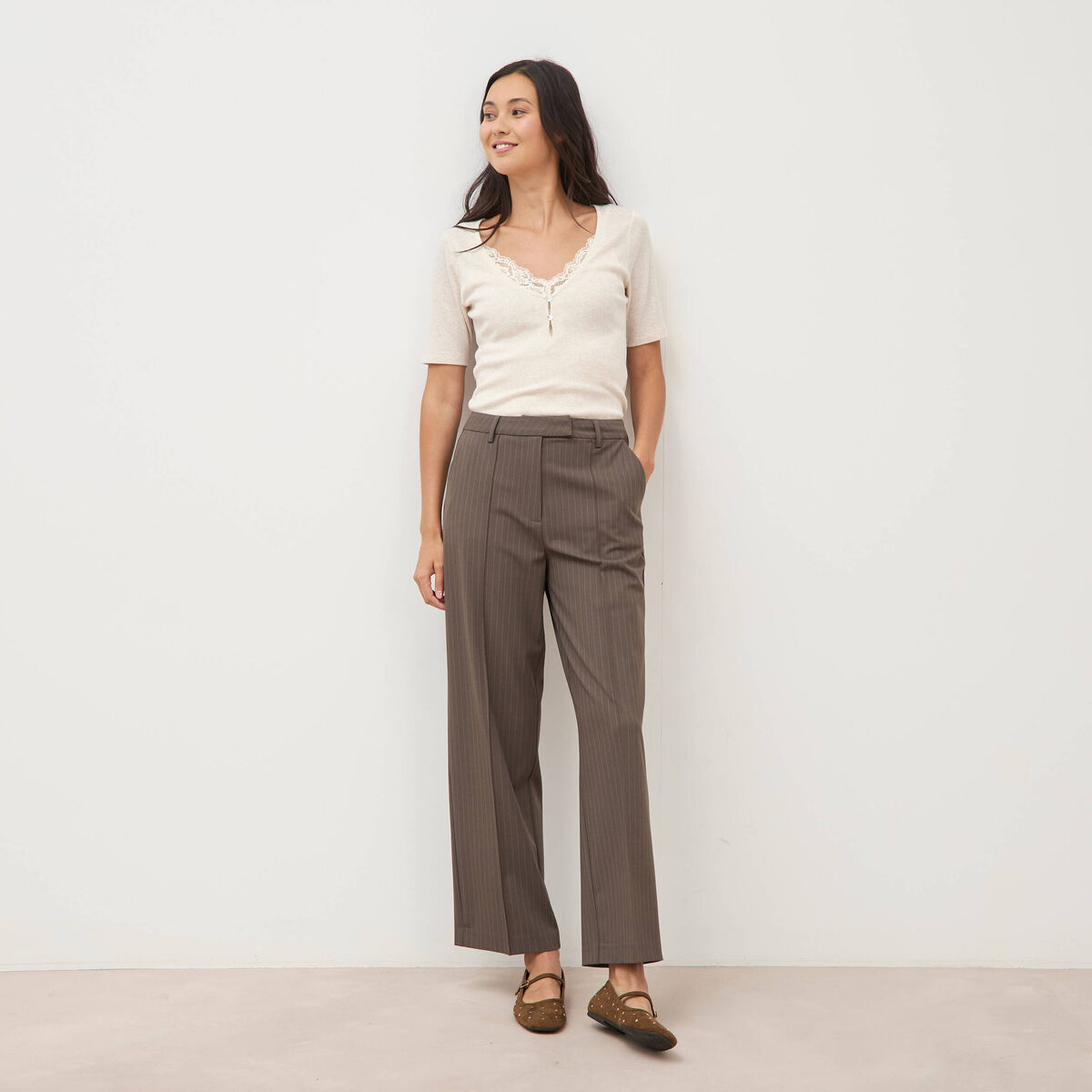 Pantalon droit taille haute taupe femme