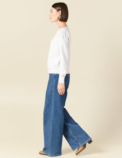 Pull col bateau manches longues en coton blanc femme