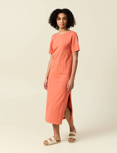 Robe longue droite col rond terracotta femme
