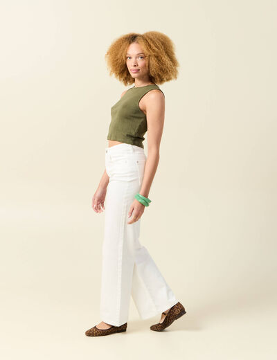Débardeur cropped col rond en coton vert kaki femme