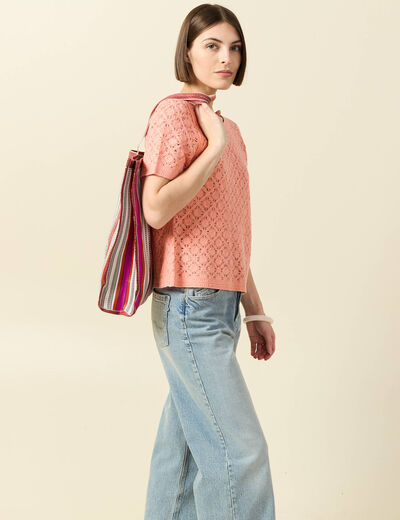 T-shirt ajour&eacute; col rond manches courtes rose saumon femme