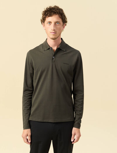 Polo cintr&eacute; manches longues vert kaki homme