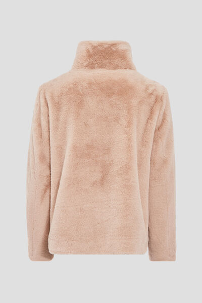 Manteau droit fausse fourrure beige femme