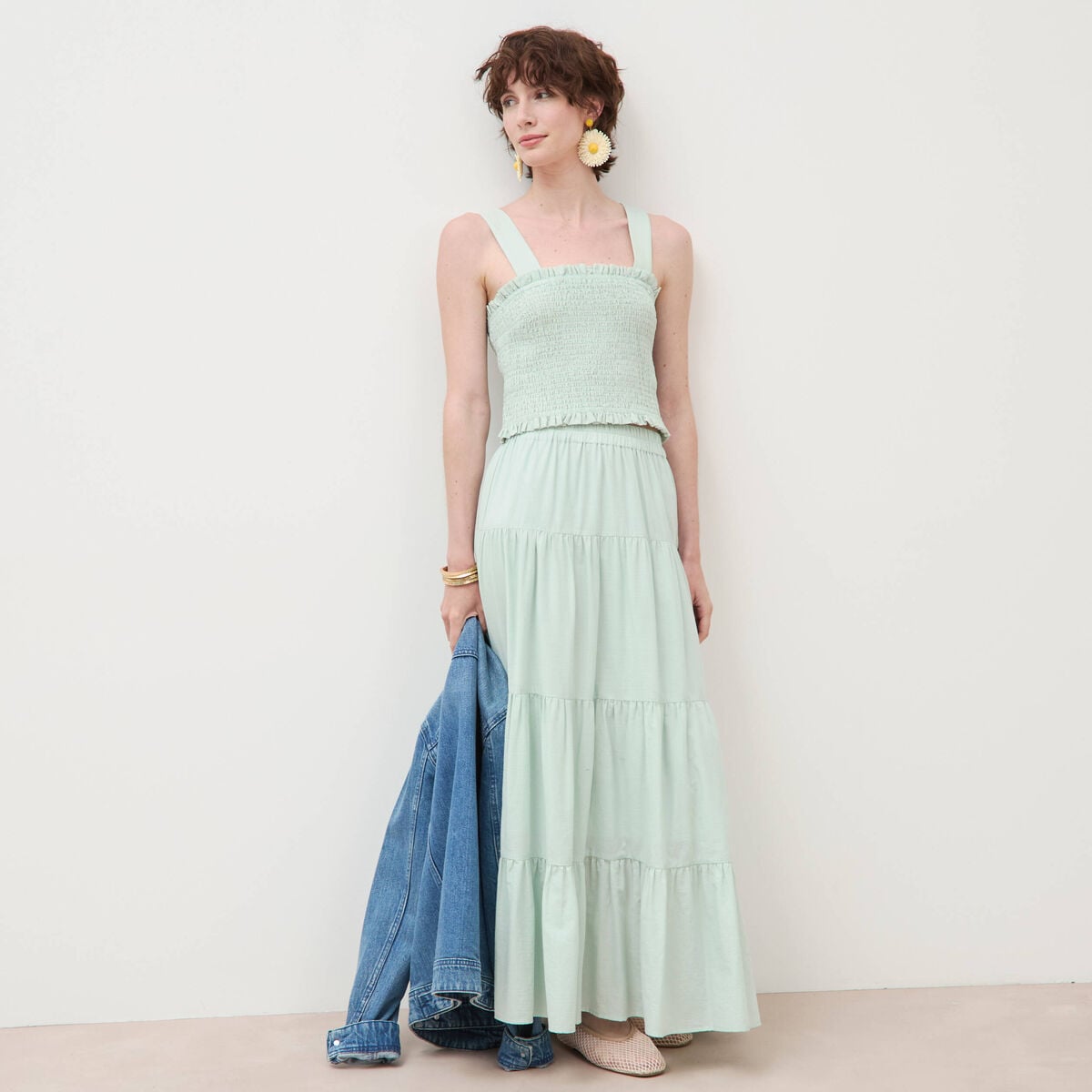 Jupe longue &eacute;vas&eacute;e en coton doubl&eacute;e vert pastel femme